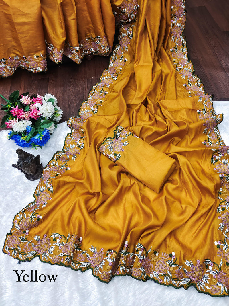 Party Wear Soft  Tusser Silk Saree With Tussar Silk Border Work Blouse