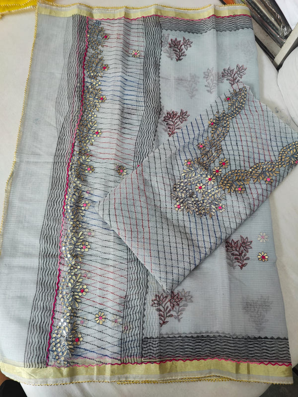 Pure Kota Doriya Gotta Patti Work Leheriya Print Unstitched Suit With Dupatta & Bottom