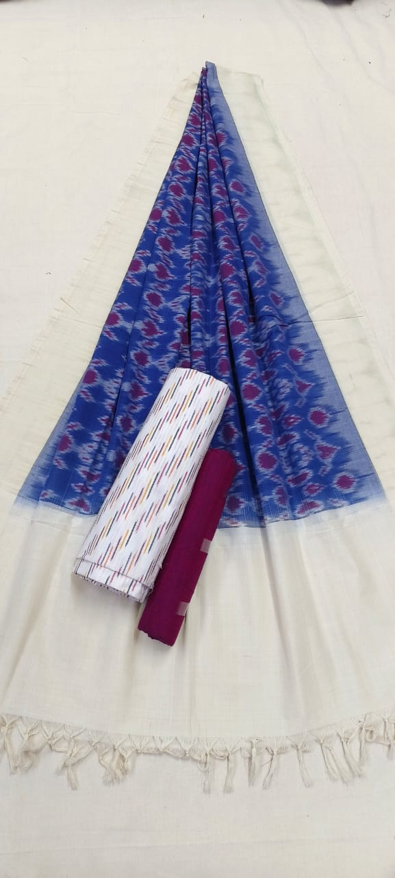 Pure Cotton Doubel Ikat Unstitched Suit With Ikat Cotton Dupatta