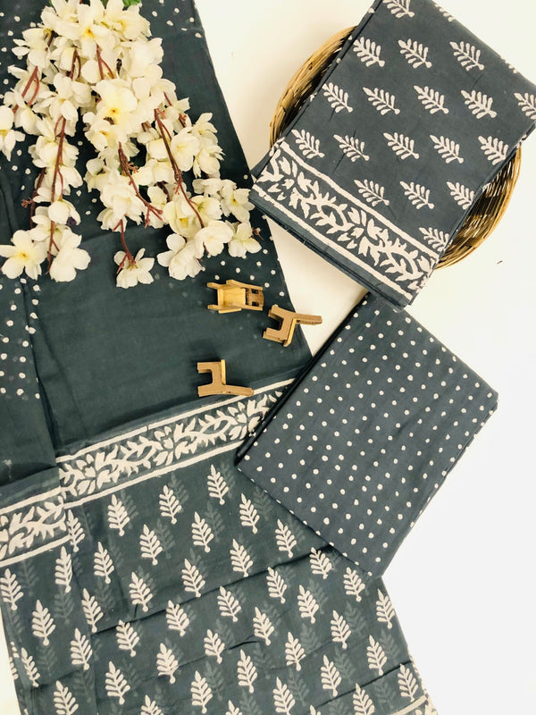 Pure Cotton Jaipuri Hand Block Print Unstitched Suit With Mul Cotton Dupatta.