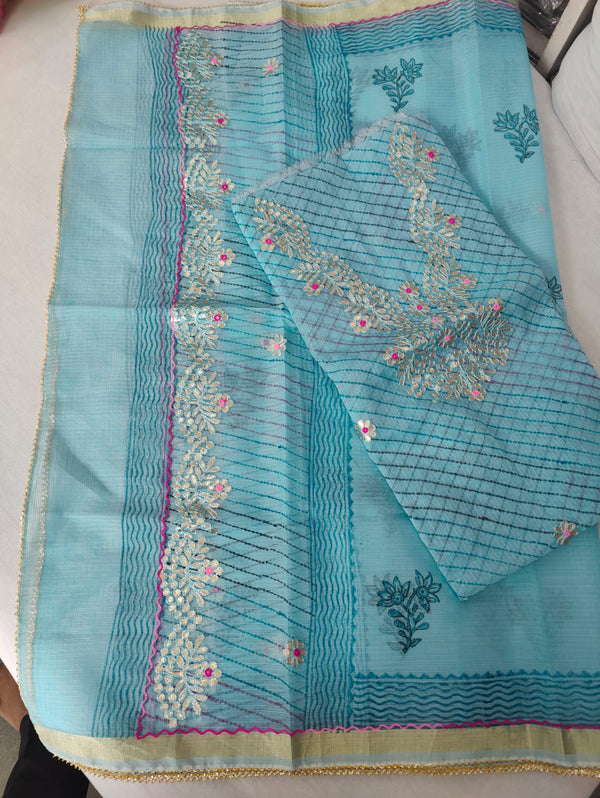 Pure Kota Doriya Gotta Patti Work Leheriya Print Unstitched Suit With Dupatta & Bottom