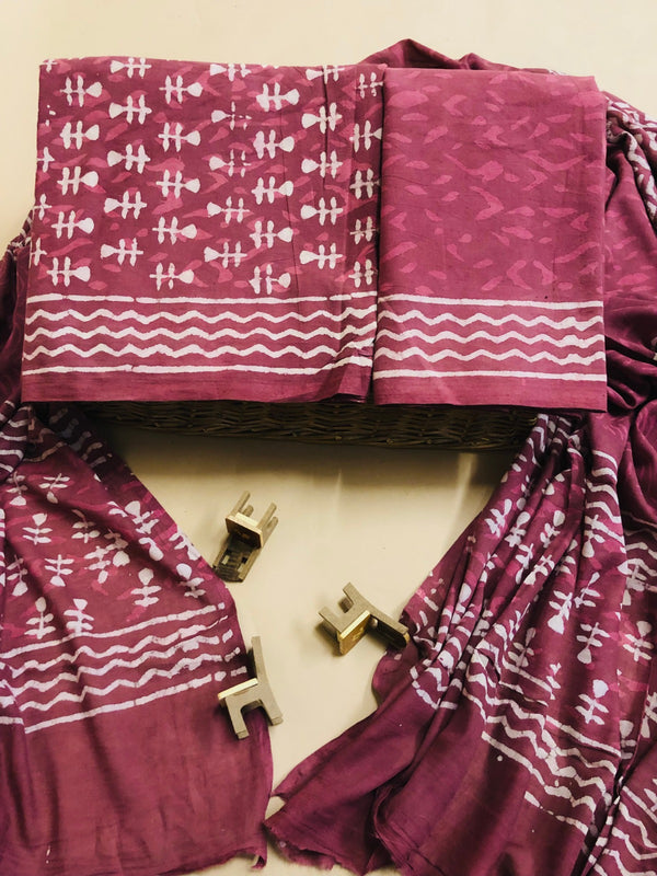 Pure Cotton Jaipuri Hand Block Print Unstitched Suit With Mul Cotton Dupatta.