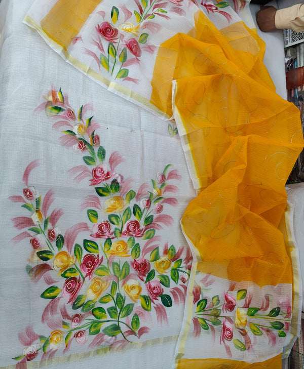 Pure Kota Doriya Hand Brush Print Unstitched Suit With Dupatta & Bottom (Copy)