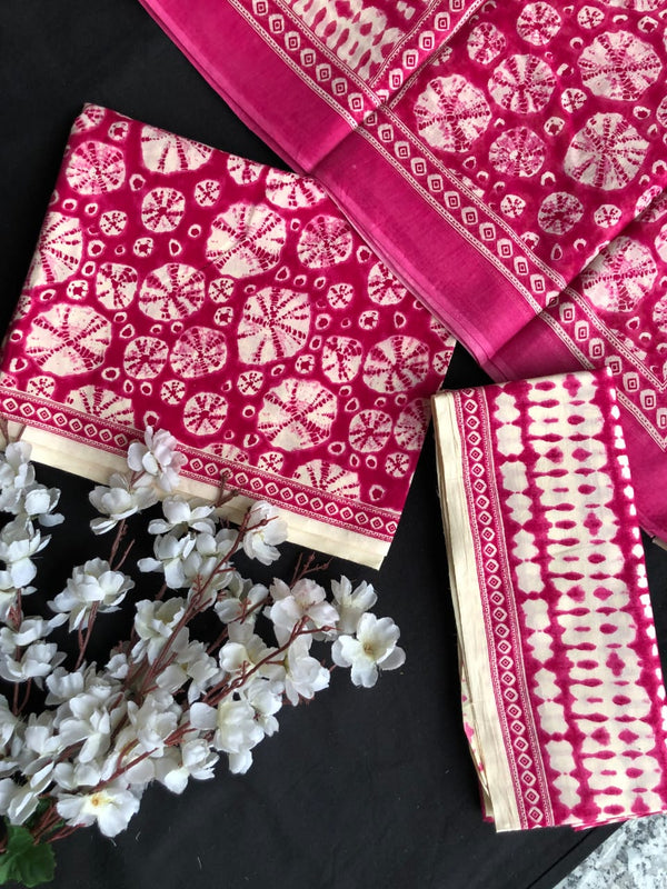 Pure Cotton Jaipuri Hand Block Print Unstitched Suit With Mul Cotton Dupatta.