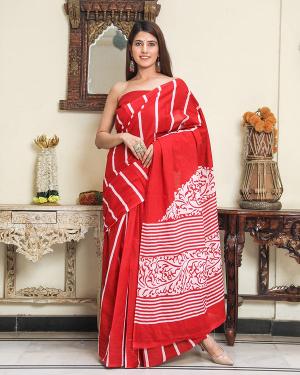 Pure Hand Printed Cotton Sarees With Blouse