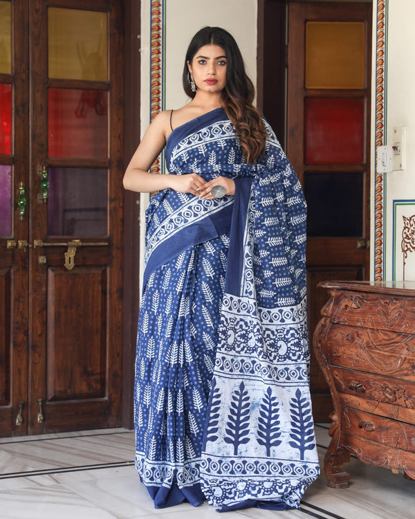 Pure Hand Printed Cotton Sarees With Blouse