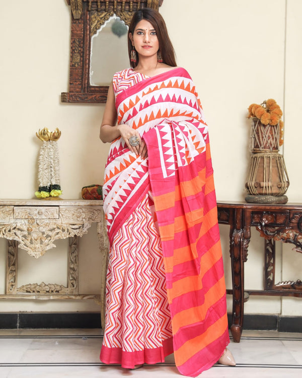 Pure Hand Printed Cotton Sarees With Blouse