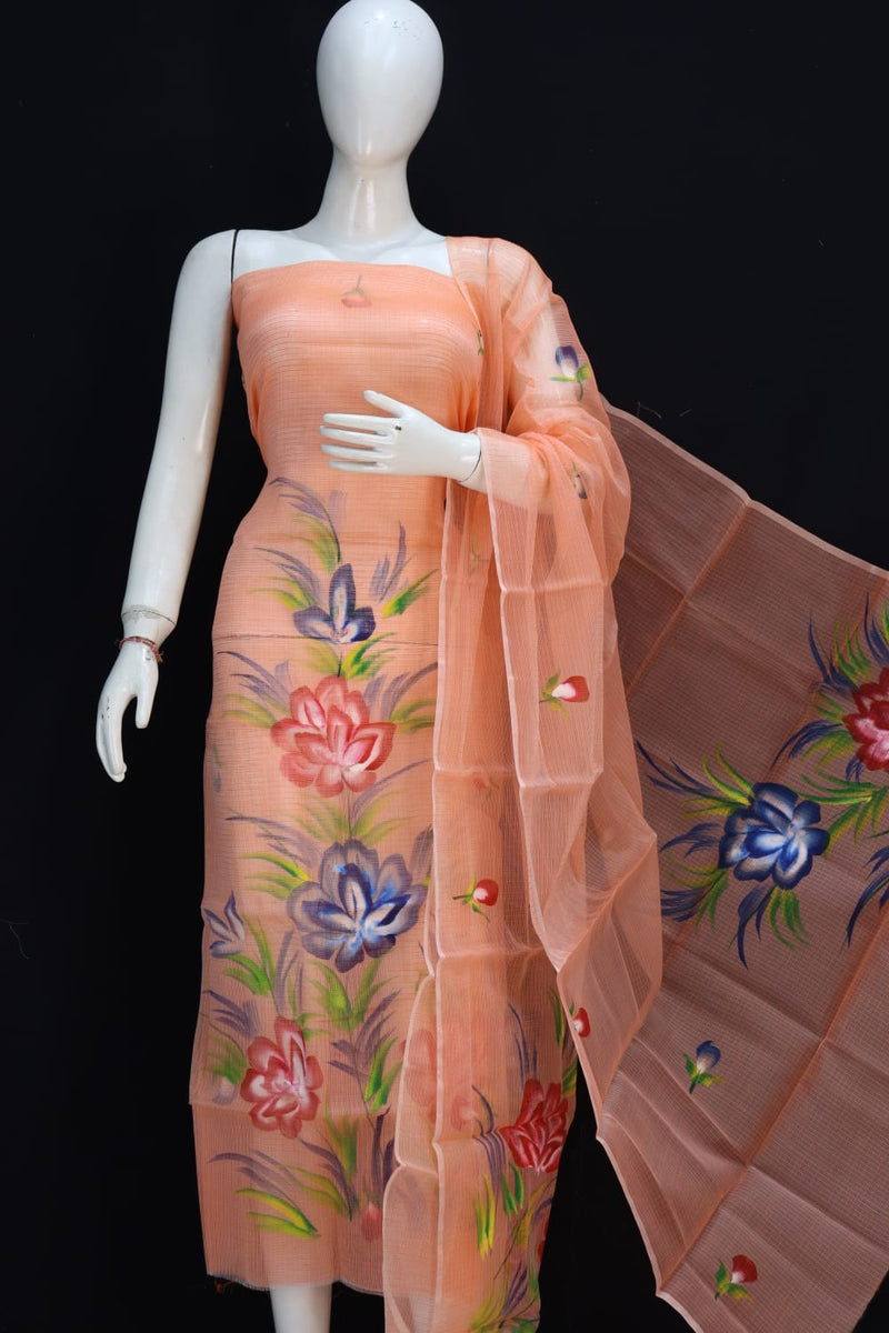 Pure Cotton Kota Doriya Hand Brush Print Unstitched Suit With Dupatta (Without Bottom )