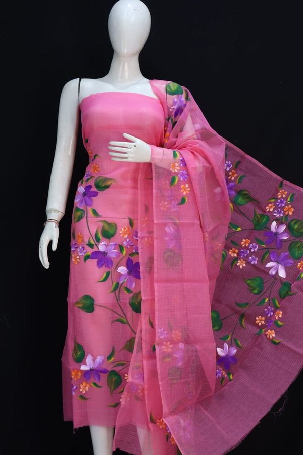 Pure Cotton Kota Doriya Hand Brush Print Unstitched Suit With Dupatta (Without Bottom )