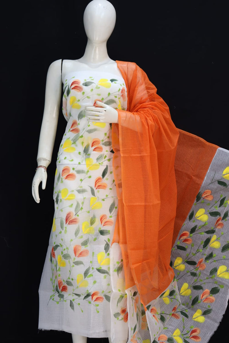 Pure Cotton Kota Doriya Hand Brush Print Unstitched Suit With Dupatta (Without Bottom )