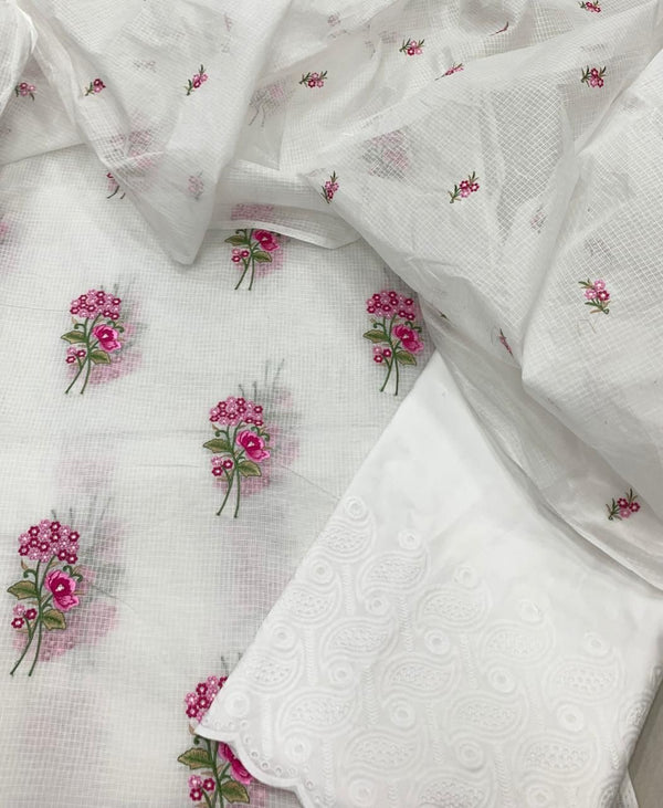 Pure Kota Doriya Embroidery Work Unstitched Suit With Chikankari Bottom.