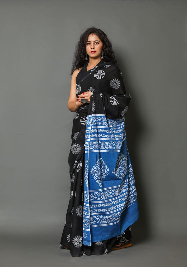 Pure Hand Printed Cotton Sarees With Blouse