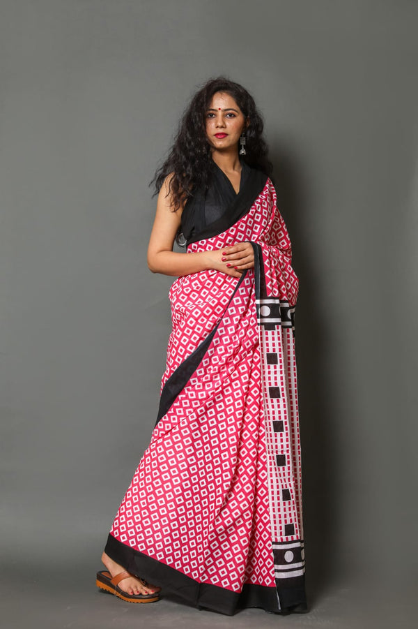 Pure Hand Printed Cotton Sarees With Blouse