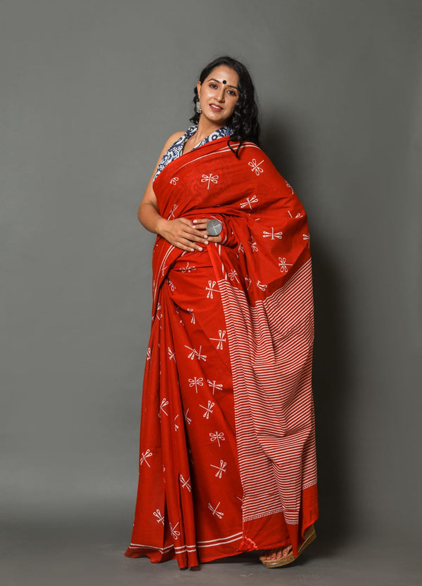 Pure Hand Printed Cotton Sarees With Blouse