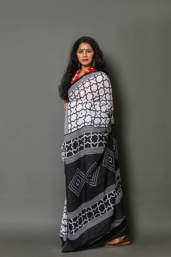 Pure Hand Printed Cotton Sarees With Blouse