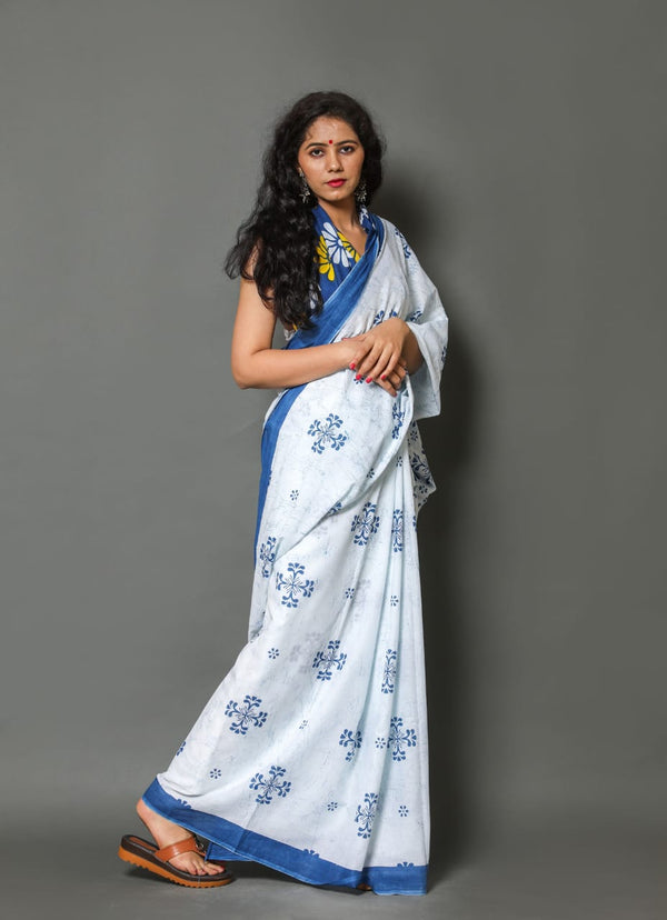 Pure Hand Printed Cotton Sarees With Blouse