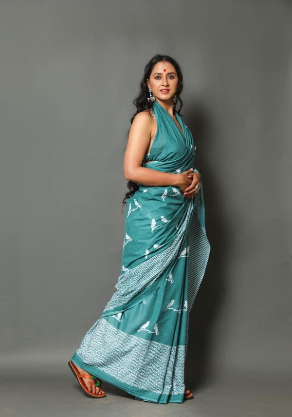 Pure Hand Printed Cotton Sarees With Blouse