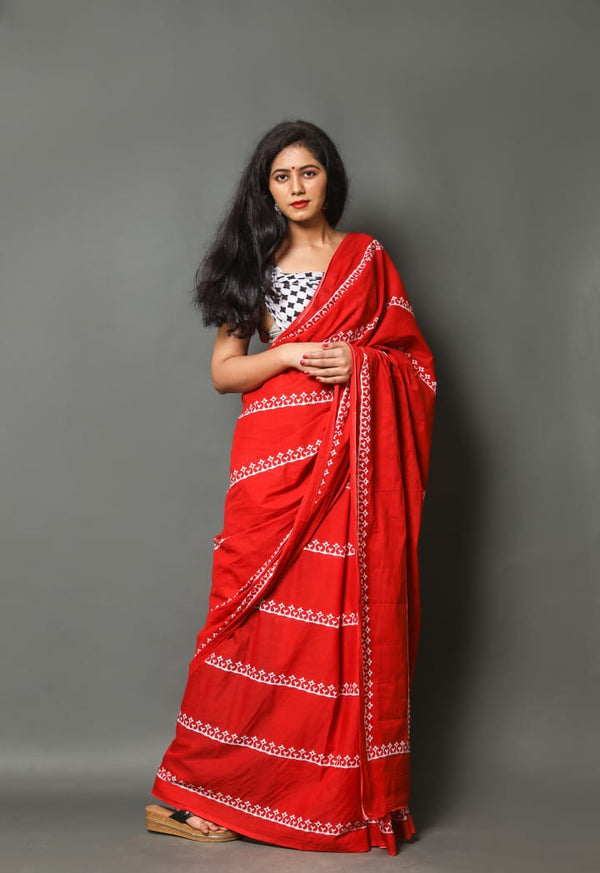 Pure Hand Printed Cotton Sarees With Blouse