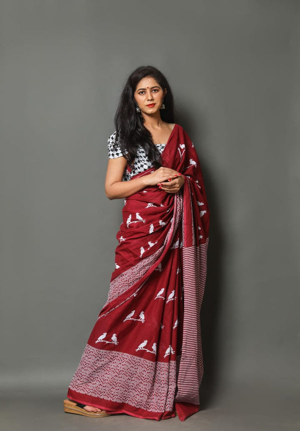 Pure Hand Printed Cotton Sarees With Blouse