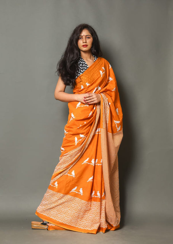 Pure Hand Printed Cotton Sarees With Blouse