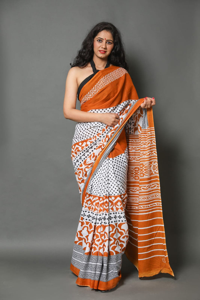 Pure Hand Printed Cotton Sarees With Blouse