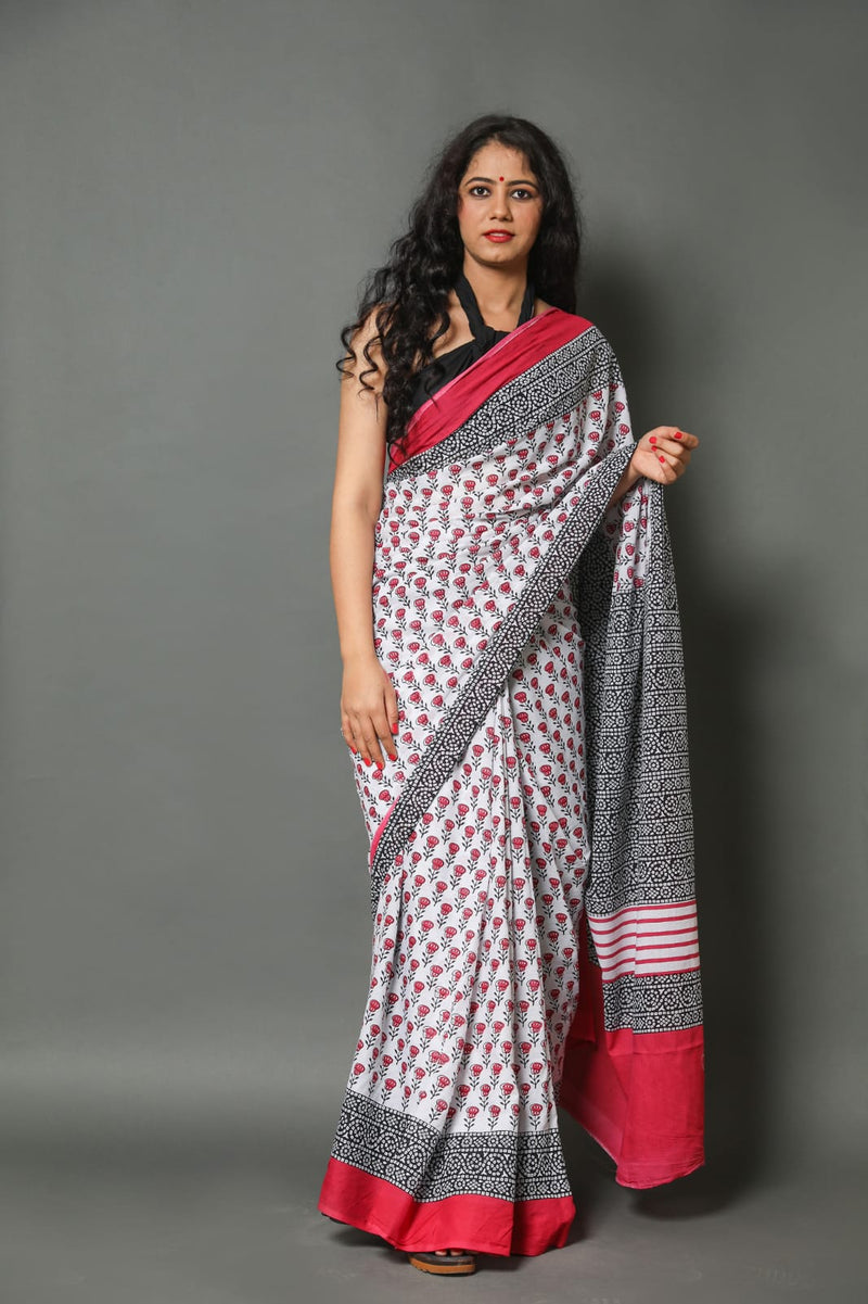 Pure Hand Printed Cotton Sarees With Blouse