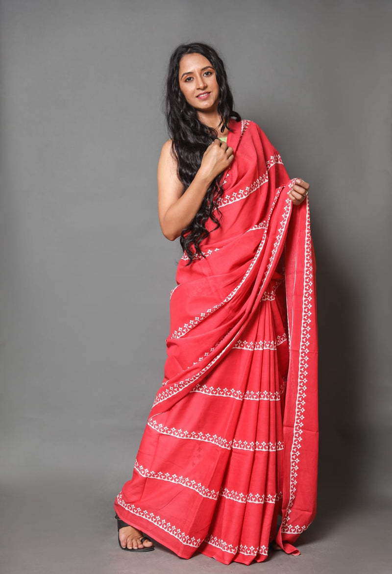 Pure Hand Printed Cotton Sarees With Blouse