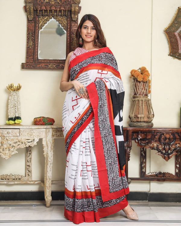 Pure Hand Printed Cotton Sarees With Blouse