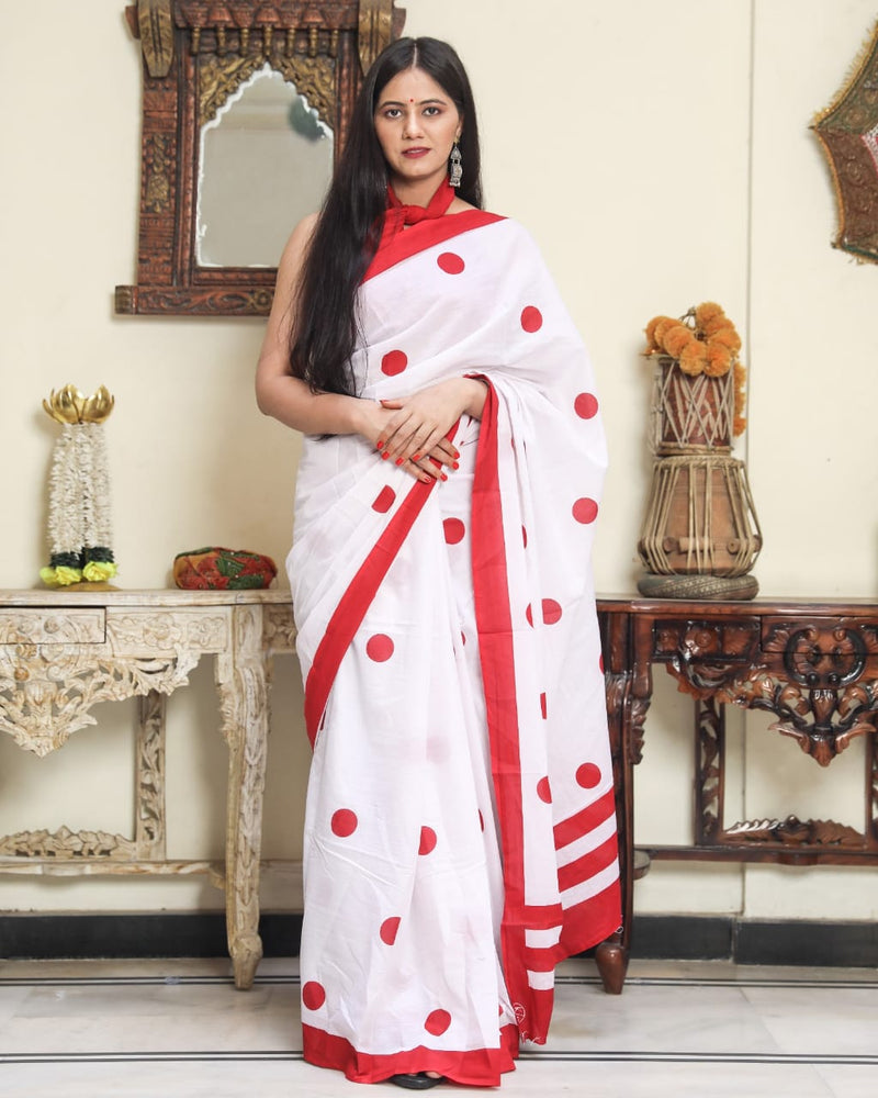 Pure Hand Printed Cotton Sarees With Blouse