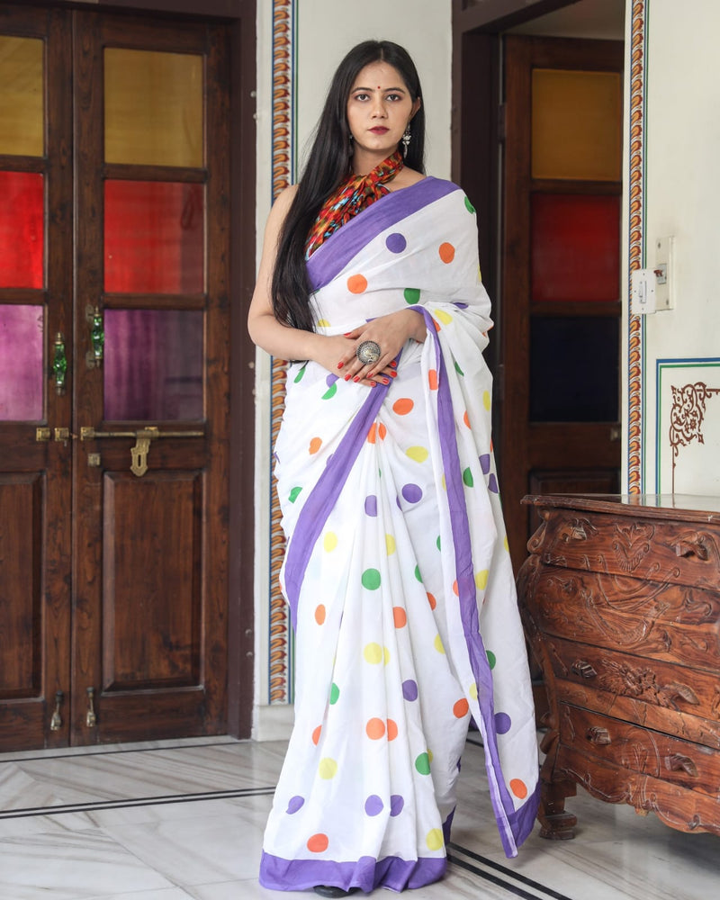 Pure Hand Printed Cotton Sarees With Blouse