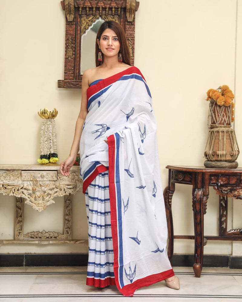 Pure Hand Printed Cotton Sarees With Blouse